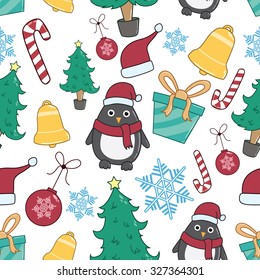 Seamless Pattern Of Christmas Icons Or Elements With Color And Doodle Style