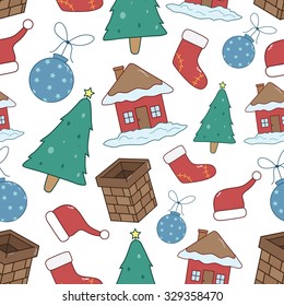 Seamless Pattern Of Christmas Icons Or Elements With Color And White Background