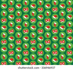 Seamless Pattern with Christmas Icons Gloves, Hats and Socks Isolated on Green Background