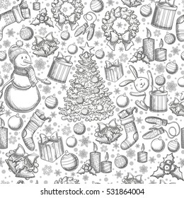 Seamless pattern of Christmas icons. Monochrome sketch style Christmas illustration for decoration. Vector.