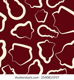 seamless pattern with Christmas icons namely snowmen, gingerbread houses and Christmas bells on a dark red background
