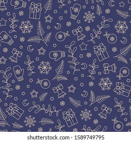 Seamless pattern with Christmas icons on blue background