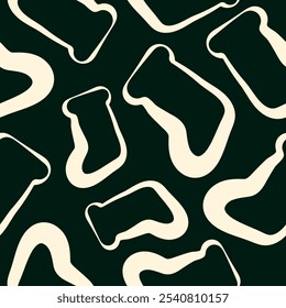 seamless pattern of Christmas icons of Santa Claus socks drawn in line art style on dark green background, for Christmas packaging, textiles or cards