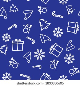 Seamless pattern with Christmas icons. Six outline itens on blue background.