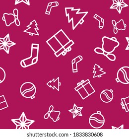 Seamless pattern with Christmas icons. Six outline itens on red background.