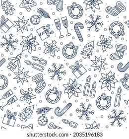 Seamless Pattern With Christmas Icons, Symbols Bauble, Bell, Candle, Candy Cane, Ginger Bread, Stocking, Christmas Tree, Flower, Gift, Poinsettia, Present,santa Claus, Snowflake, Snowman, Star, Wreath