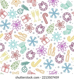 Seamless pattern with Christmas icons, symbols Bauble, bell, candle, candy cane, ginger bread, stocking, christmas tree, flower, gift, poinsettia, present,santa claus, snowflake, snowman, star, wreath
