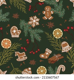 Seamless pattern Christmas illustration of gingerbread spices with ginger, cinnamon, star anise, oranges, cloves, spruce, thuja, berries.