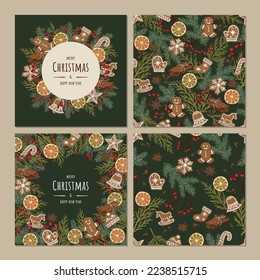 Seamless pattern Christmas illustration of gingerbread spices with ginger, cinnamon, star anise, oranges, cloves, spruce, thuja, berries. Vector illustration