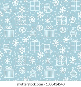 Seamless pattern with Christmas illustrations with traditional elements for wrapping paper