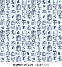 Seamless pattern with Christmas illustrations with traditional elements for wrapping paper
