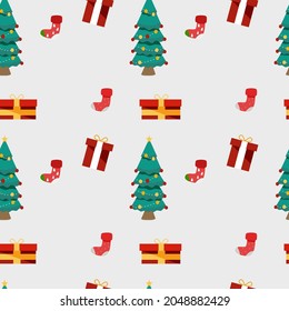 Seamless pattern Christmas illustrations. Traditional elements gift boxes, gingerbread