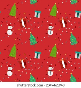 Seamless pattern Christmas illustrations. Traditional elements gift boxes, gingerbread red backgrounds