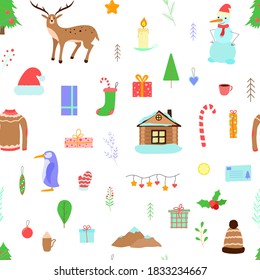 Seamless pattern of Christmas illustrations. Vector cartoon background. Flat design.