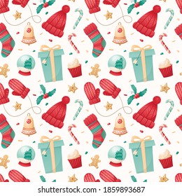 Seamless pattern of Christmas isolated icons on a white background. Winter holiday symbols. Illustration for wrapping paper, decorations, textile.