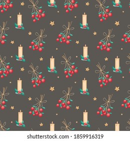Seamless pattern of Christmas isolated icons on a black background. Winter holiday symbols. Illustration for wrapping paper, decorations, textile.