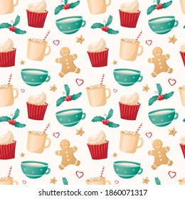 Seamless pattern of Christmas isolated icons on a white background. Winter holiday symbols. Cups and mugs with hot cocoa or coffee and delicious gingerbread cookies. New year background decoration.