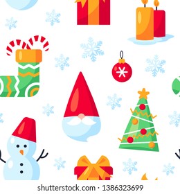 Seamless pattern with Christmas items in flat style. Vector illustration on white background