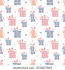Seamless pattern of Christmas items and gifts. A hand-drawn illustration.