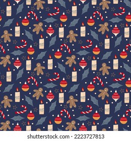 seamless pattern with christmas items on deep blue background