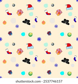 Seamless pattern with Christmas items and symbols. Santa Claus hat and felt boots, gift boxes, snowflakes and Christmas tree toys. A template for Christmas gift wrapping and for printing on products. 