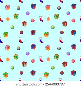 Naadloos patroon met kerstartikelen en symbolen. Kerstman hoed en vilten laarzen, geschenkdozen, sneeuwvlokken en kerstboom speelgoed. Een sjabloon voor het verpakken van kerstcadeaus en voor het afdrukken op producten. 