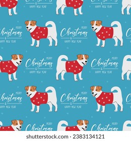 Seamless pattern with Christmas Jack Russell terrier in hand drawn style. Greeting text Merry Christmas and Happy New Year. Background for wrapping paper, greeting cards and seasonal designs. 