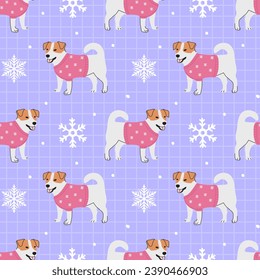 Seamless pattern with Christmas Jack Russell terrier ion blue checkered background. Background for wrapping paper, greeting cards and seasonal designs. 