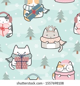 Seamless Pattern Christmas Kawaii Cute Cats, Cartoon Animals Background, Vector Illustration