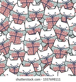 Seamless Pattern Christmas Kawaii Cute Cats, Cartoon Animals Background, Vector Illustration