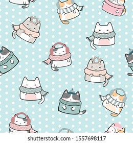 Seamless Pattern Christmas Kawaii Cute Cats, Cartoon Animals Background, Vector Illustration