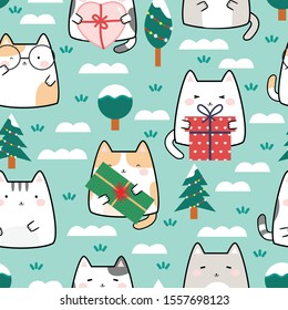 Seamless Pattern Christmas Kawaii Cute Cats, Cartoon Animals Background, Vector Illustration