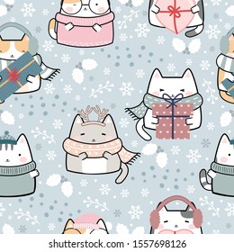 Seamless Pattern Christmas Kawaii Cute Cats, Cartoon Animals Background, Vector Illustration