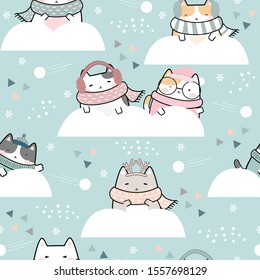 Seamless Pattern Christmas Kawaii Cute Cats, Cartoon Animals Background, Vector Illustration
