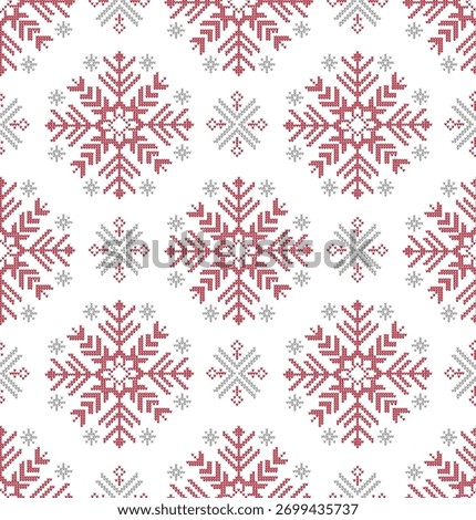 Seamless Pattern of Christmas Knitted Snowflakes on White Background- Chrsitmas Knitted Vector Illustration