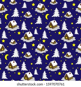 seamless pattern, Christmas landscape, house in snow, Christmas trees, night in bright colors, ornament for wallpaper in the children room, wrapping paper