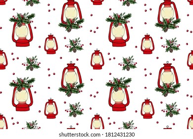 Seamless pattern of Christmas lantern. Hand drawn illustration. Design for greeting cards, wrapping papers. Seamless winter pattern. Vector illustration
