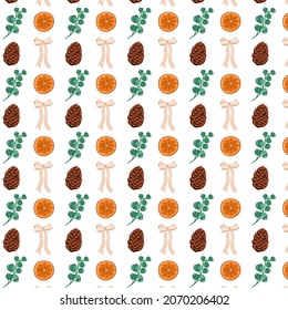Patrón sin foco con hojas de Navidad, arco e invierno naranja sobre un fondo blanco. Ilustración vectorial.