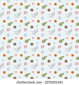 Seamless pattern with Christmas leaves, branch and winter flowers s on a light blue background. Vector illustration.