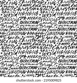 Seamless pattern with Christmas lettering. Winter holiday background with handwritten text. Brush style typography. Handwritten vector ornament. Merry Christmas hand lettering calligraphy.