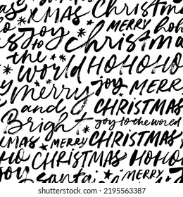 Seamless pattern with Christmas lettering. Winter holiday background with handwritten text. Brush style typography. Handwritten vector ornament. Merry Christmas hand lettering calligraphy.