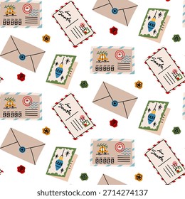 Patrón sin fisuras con letras de Navidad para Santa Claus y postales para familiares, sellos de cera dispersos. Textura plana de color sin fisuras. para papel de embalaje plano festivo o fondo digital