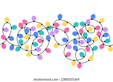 Seamless pattern with Christmas Lights. Colorful Christmas frame with light bulb. Christmas lights decorative garland. Multicolored Garland Lamp Bulbs Festive Isolated Vector Illustration