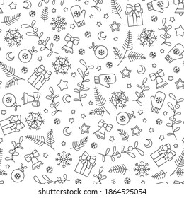 Seamless pattern with Christmas line design elements on white background