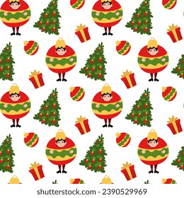 Patrón sin foco para Navidad. Un niño con un traje de juguete de árbol de Navidad con un regalo y un árbol de Navidad. Embalaje para niños bonitos y festivos, textiles. Fondo de Navidad en blanco