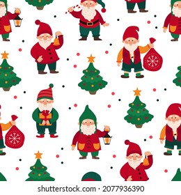 Seamless pattern with christmas little gnomes, dwarfs, elves. Endless repeatable backdrop with fairy tale characters. Childish flat vector illustration.