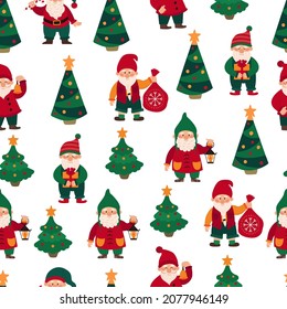 Seamless pattern with christmas little gnomes, dwarfs, elves. Endless repeatable backdrop with fairy tale characters. Childish flat vector illustration.