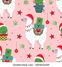 seamless pattern with Christmas Llama and cactus