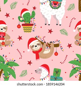 seamless pattern with Christmas llama, sloth and cactus