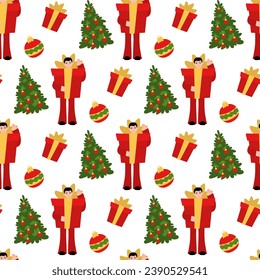 Seamless pattern for Christmas. A man in a big gift suit with a bow, a Christmas tree toy and a Christmas tree. Festive cute children's packaging, textiles. Christmas background on white
